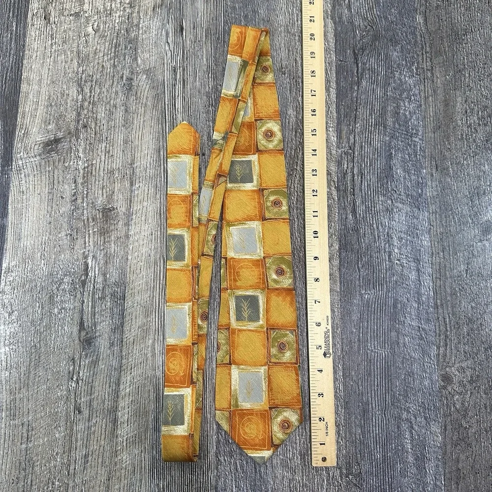 Ermenegildo Zegna 100% Silk‎ Tie Geometric Square Pattern Gold Orange Gray Italy